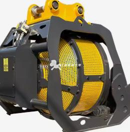 Excavator roller screening bucket with rotatable screen bucket and replaceable screen mesh